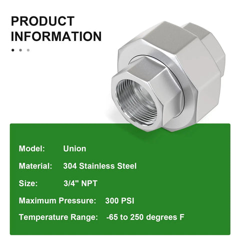 Two Pack 304 Stainless Steel Union Fittings Three Quarter Inch NPT Female Cast Pipe Connector For Industrial Plumbing