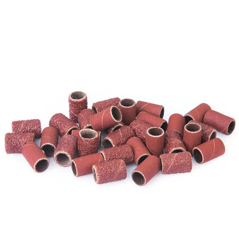 50 Piece Heavy Duty Sanding Bands Abrasive Paper Rings Polishing Drums Fits Dremel Tools 12 Millimeter Arbor 320 Grit stacked on surface.