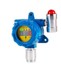 Fixed gas detector, front view, blue housing with yellow display, green indicators, red beacon, and metal fittings.