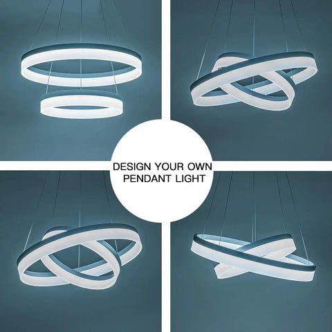 Two Ring LED Pendant Light With Adjustable Wires Dimmable Chandelier for living room and dining area, silver finish, multiple angles