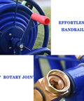 Heavy Duty Slick Metal Hose Reel With Smooth Maneuver Four Wheel Garden Cart Plus 100 Feet Water Pipe showcasing effortless handrail and 360° rotary joint.