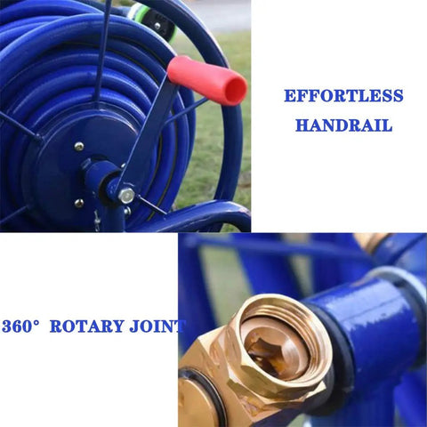 Heavy Duty Metal Hose Reel Cart With Smooth Rolling Wheels For The Backyard Boss Includes Flexible Garden Hoses close-up of 360° rotary joint and handrail.
