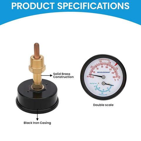 Dual Display Boiler Gauge Kit With 2.5 Inch Dial That Reads Pressure And Temperature, black iron casing, brass core, double scale gauge