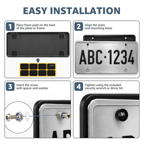 Anti Theft License Plate Screws Set With Rustproof Stainless Steel Front And Rear Mounting Hardware Tamper Resistant Fasteners Wrench And Driver Bit Kit With Caps Washers Rings For Car Truck Motorcycle, easy install steps