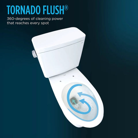 Top Shelf Two Piece Elongated Toilet Featuring Universal Height And 1.6 GPF Tornado Flush System For Hassle Free Grime Control And Reliable Everyday Bathroom Comfort In Crisp White
