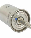 FG-1083 Fuel Pump Filter Assembly For Ford Vehicles, metal exterior, view of fuel inlet, for Edge, Explorer, Mustang, F-150
