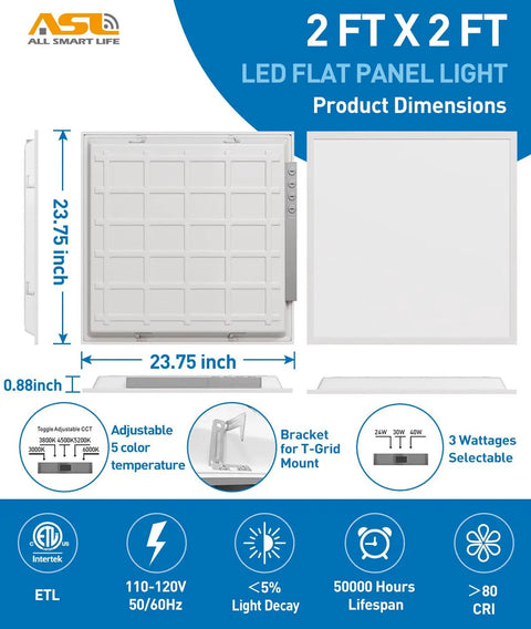 Heavy Duty 2X2 LED Ceiling Panel 8 Pack Drop Grid Ready Troffer Light Featuring Smooth Triac Dimming 40 Watt Output With Adjustable Color Temperature Switches For Fast Room Refreshes Safe ETL Certified