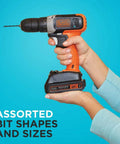 Black+Decker cordless drill with orange handle and 20V battery; 46-piece bit set