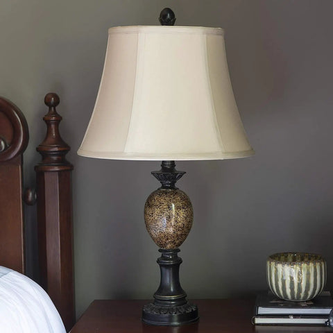 Resin and Marble Table Lamp in Bronze Finish With Round Taupe Beige Softback Shade Three Way Light on Bedside Nightstand