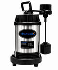 Heavy Duty Submersible Sump Pump With Three Quarter Horsepower Motor Kicks Standing Water To The Curb At 3800 GPH And 30 Foot Head in silver and black design.