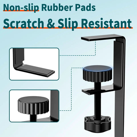 No Drill Desk Cable Tray With Clamp, featuring scratch-resistant EVA and non-slip rubber pads, close-up of clamp detail.