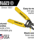Image of Built Tough Dual Wire Stripper Cutter For Solid Wire With 14 And 12 AWG Holes Plus 10 AWG Stripping Hole Narrow Nose and Shear Type Blades, yellow handles with wire gauge markings, made in USA logo.