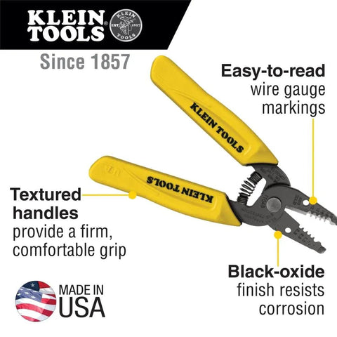 Image of Built Tough Dual Wire Stripper Cutter For Solid Wire With 14 And 12 AWG Holes Plus 10 AWG Stripping Hole Narrow Nose and Shear Type Blades, yellow handles with wire gauge markings, made in USA logo.