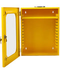 Tough As Nails Heavy Duty Lockout Tagout Station Wall Mounted Loto Cabinet With Shatterproof Clear Door and yellow interior.