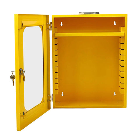 Tough As Nails Heavy Duty Lockout Tagout Station Wall Mounted Loto Cabinet With Shatterproof Clear Door and yellow interior.