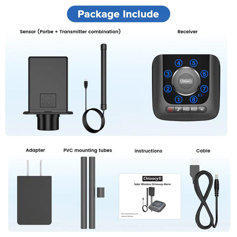 Solar Wireless Driveway Alarm For Cars Only Easy Car Only Vehicle Detector With Low False Alarms Weatherproof Outdoor Sensor Works In Rain Or Snow Temperature Range Minus Four To One Forty Fahrenheit Quick Setup And Reliable Alerts, package contents