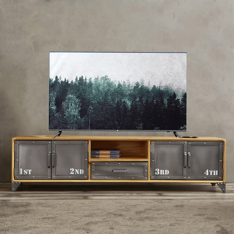 Killer Industrial Solid Wood TV Console With Hella Roomy Storage Drawers Closed Cabinets And Vintage Iron Details For Ultimate Living Room Vibes And Game Night Comfort, featuring four drawers and a flat-screen TV.