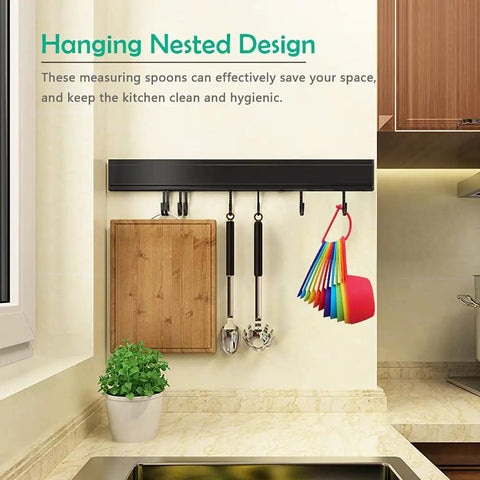 12 Piece Measuring Cups And Spoons Set Colorful Kitchen Tools For Quick Prep Durable Nesting Design hanging in kitchen.