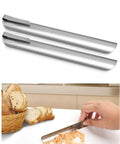 Stainless Steel Crumb Sweeper For Waitstaff And Home Use Pro Grade Table Scraper For Crumbs On Counters And Tablecloths Perfect Server Tool For Restaurants And Bars Durable 2 Pack, showing two sweepers and one in use on a table.
