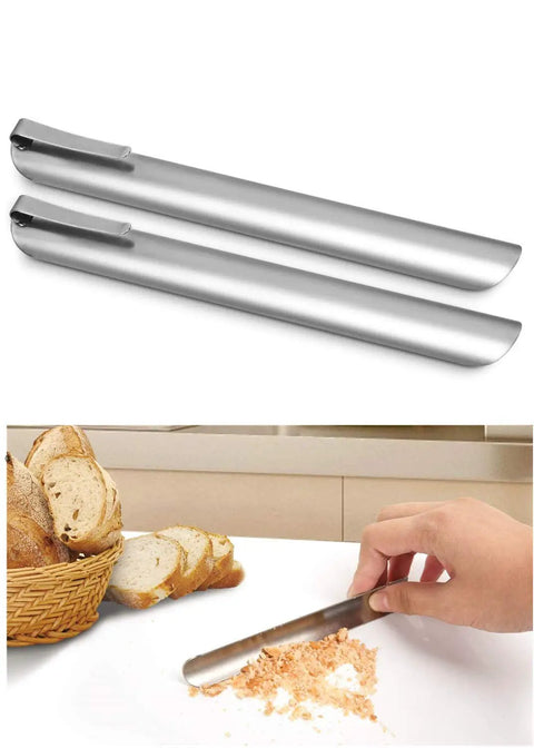 Stainless Steel Crumb Sweeper For Waitstaff And Home Use Pro Grade Table Scraper For Crumbs On Counters And Tablecloths Perfect Server Tool For Restaurants And Bars Durable 2 Pack, showing two sweepers and one in use on a table.