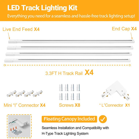 13Ft H Type Track Lighting Kit In White With Floating Canopy Connector End Caps Live End Feeds I T L Connectors Includes Four 3.3Ft Rails