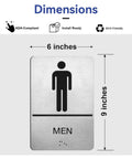 ADA Braille Restroom Sign Set 9 By 6 Inches Self Adhesive Silver Two Pack For Men And Women Bathroom Door Signs High Contrast Graphics Durable Office And Public Restrooms No Fuss Install, showing a silver mens sign.