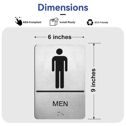 ADA Braille Restroom Sign Set 9 By 6 Inches Self Adhesive Silver Two Pack For Men And Women Bathroom Door Signs High Contrast Graphics Durable Office And Public Restrooms No Fuss Install, showing a silver mens sign.
