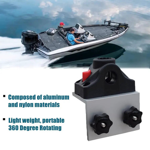 Heavy Duty 90 Degree Boat Track Bracket With 360 Degree Rotating Rod Holder, Aluminum Deck Or Side Mount Base For Versatrack Bass Tracker Ranger Track System, Compatible With Cannon RamMount Scotty And More. Aluminum 90-degree track bracket with 360 rotating rod holder on boat deck