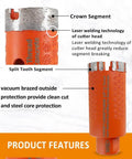 BGTEC diamond core drill bit, 45mm (1-3/4"), orange hole saw with 5/8-11 thread and vacuum-brazed protection.
