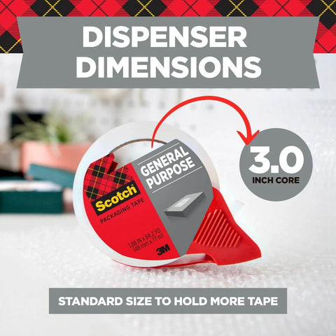 Light Duty Shipping Packaging Tape 1.88 Inch By 54.6 Yard, 6 Roll Pack With Dispenser showing dispenser dimensions
