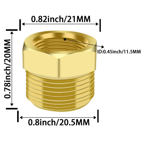 Brass NPT reducer adapter, front view, 1/2 in male to 1/4 in female, hexagonal body