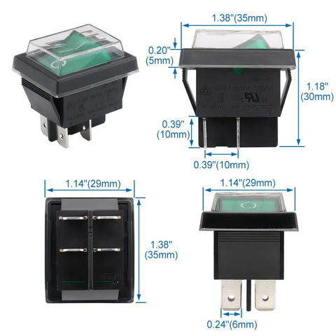 DPST Rocker Switch With Waterproof Cover, On Off 4 Pin, Green LED, Beefy Snap In Power Switch For Cars, Boats, And Home Gear, Weather Ready, UL Recognized VDE Certified, 2 Pack, 1.38 x 1.14 in