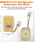 Upgraded WR60X10141 WR60X31522 refrigerator evaporator fan motor for GE Hotpoint fridges with wiring and connectors shown
