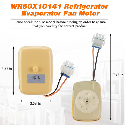Upgraded WR60X10141 WR60X31522 refrigerator evaporator fan motor for GE Hotpoint fridges with wiring and connectors shown
