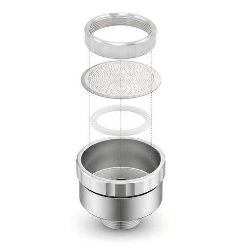 Exploded view of 3/4 Inch Aluminum Garden Hose Shower Head With 3000 Hole Mist Nozzle, highlighting parts assembly.
