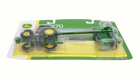 Packaging of One Sixty Fourth Scale 7R 270 Tractor With C500 Mower Set Toy Licensed Farm Vehicle Model in clear display case.