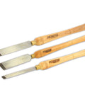 No Frills Skew Chisel Set For Woodturning Projects Built Tough With High Speed Steel Cutting Edges and Grippy Beech Handles.