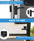 Heavy Duty Aluminum RV Screen Door Latch Replacement Kit With Right Handle for camper trailer entry door shown installed