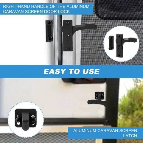 Heavy Duty Aluminum RV Screen Door Latch Replacement Kit With Right Handle for camper trailer entry door shown installed