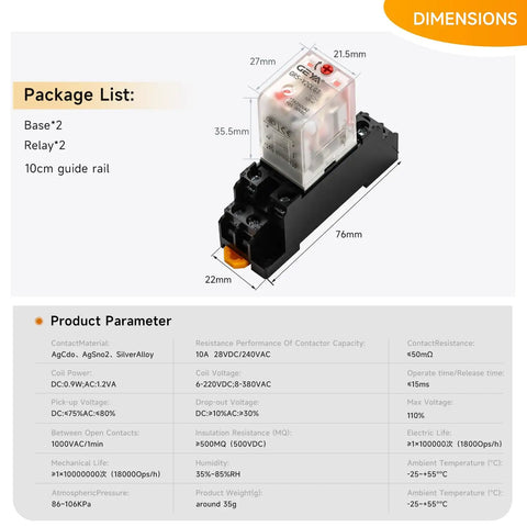 Two Pack 8 Pin DPDT Electromagnetic Relay 24V DC 10A With LED Indicator Socket Base And DIN Rail Mount GR5 Y2CLGT Relays For Control Circuits Plug And Play Ready Industrial Automation Essentials, dimensions diagram