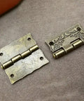 Straight Up Mini Vintage Brass Cabinet Hinge With Antique Drawer Catch For Wooden Furniture Restoration, showing two hinges from above.