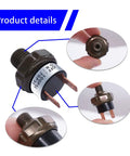 Detailed view of 70-100 PSI Air Pressure Switch 1/4 Inch NPT Thread for DC 12V/24V or AC 110V-240V, showing connectors and threading.