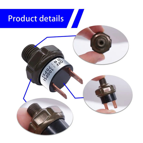 Detailed view of 70-100 PSI Air Pressure Switch 1/4 Inch NPT Thread for DC 12V/24V or AC 110V-240V, showing connectors and threading.