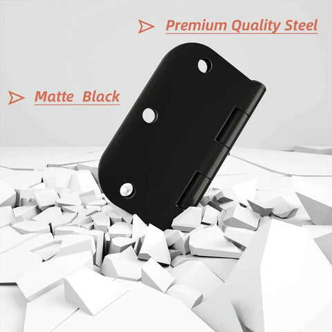 30 Pack Matte Black Door Hinges 3.5 X 3.5 Inches With 5/8 Radius on shattered white surface highlighting steel quality