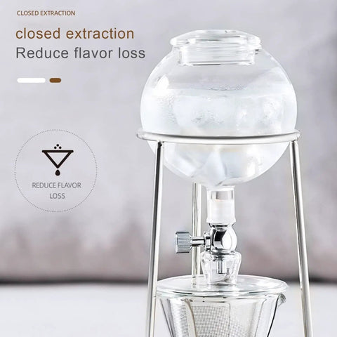 Heavy Duty Cold Brew Drip Tower With Adjustable Rate Dripper And Reusable Stainless Steel Filter, featuring a closed extraction system.