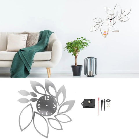 DIY Silver Mirror Leaf Wall Clock Sticker Kit With Modern Hollow Floral Design Self Adhesive Wall Decal For Living Room Bedroom Office Decor Silent Movement Easy Peel And Stick Elegant Home Accent, silver mirror PVC