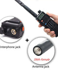 High Gain Foldable CS Tactical SMA Female Ham Radio Antenna showing interphone and antenna jacks for Baofeng radios