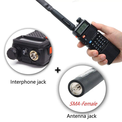 High Gain Foldable CS Tactical SMA Female Ham Radio Antenna showing interphone and antenna jacks for Baofeng radios