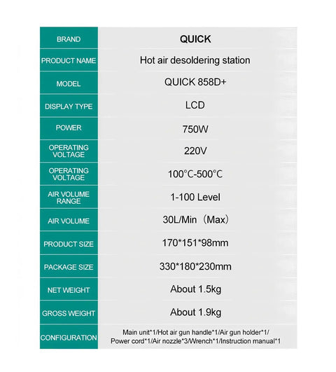 858D Plus Lead Free Hot Air Desoldering Station With LCD Digital Display product specifications table