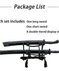Two Pack Polypropylene Martial Swords For Practice And Training Katana Style Bokken With Dragon Tiger Treasure Style Unsharpened Blades Sheath Belt And Stand Included displayed on stand